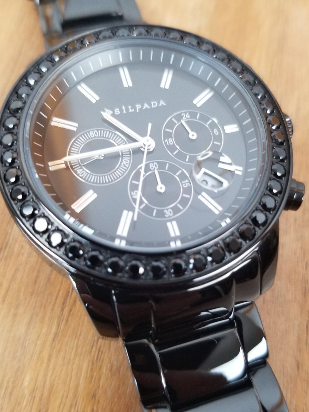 Silpada Wristwatch Black CZ Black Finish Chronograph Date Display Needs Battery